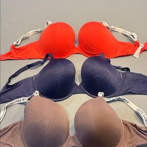 Victoria's Secret Bra Trio - Bold Red, Deep Purple, Classic Brown 36DDD